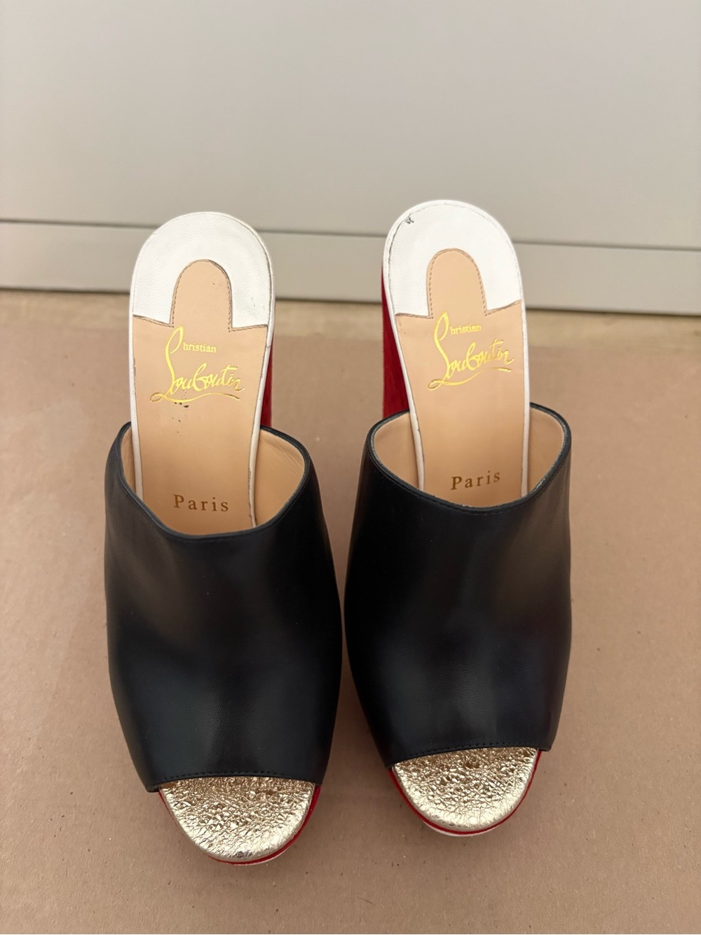 Christian Louboutin Black Leather Open-Back Mule with Gold Toe